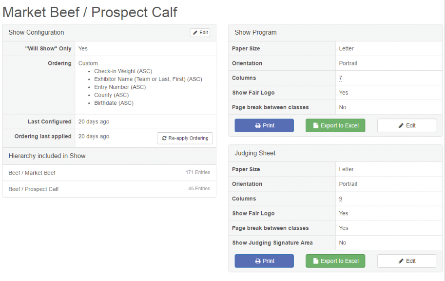 FairEntry custom show builder with departments, divisions, and classes